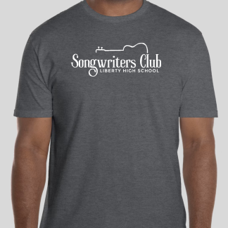 Heather gray t-shirt with a white silhouette of half of a guitar, with the words Songwriters Club Liberty High School