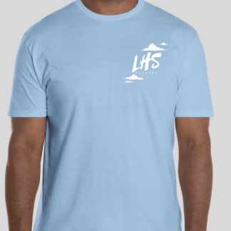Light blue tshirt with white clouds and the words LHS on the front left pocket.