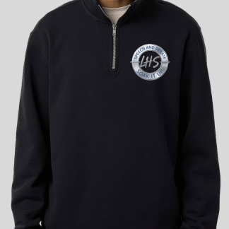 Black quarter zip with a round logo on the left pocket. Logo is silver and reads "soak it up" with the acronym LHS in the center