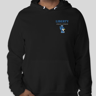 Black hoodie with logo on the left pocket. Logo is the letter L with a blue jay mascot overlaid and the words Liberty Speech & Debate